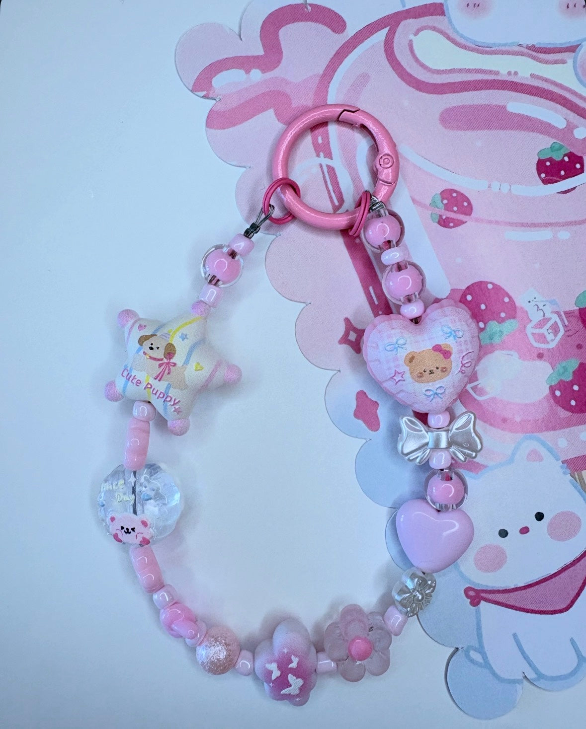 Ciondolo Kawaii Rosa con Orsetto Cuore e Fiocco Argento - Charm Telefono Fatto a Mano