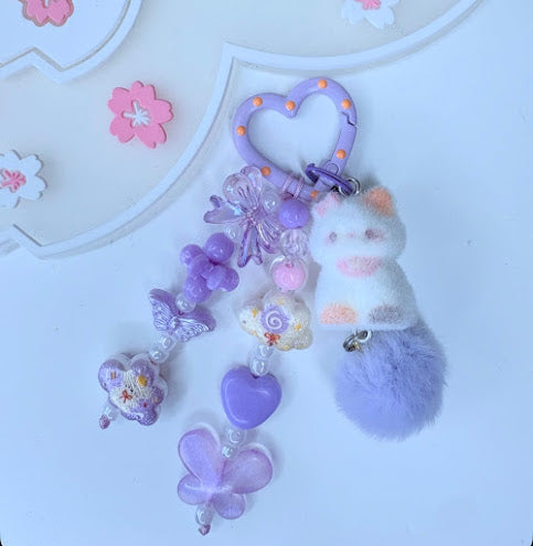 Ciondolo Kawaii Lilla con Gattino e Pon Pon - Charm Multiuso Fatto a Mano
