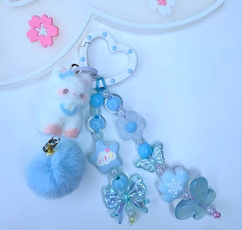 Ciondolo Kawaii Azzurro gattino con Pon Pon - Charm Multiuso Fatto a Mano