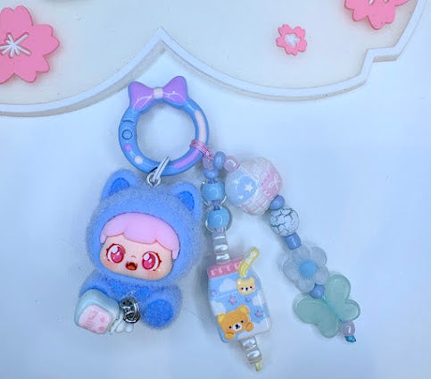 Ciondolo Kawaii Azzurro Bambina con Orsetti - Charm Telefono Borsa Zaino Fatto a Mano