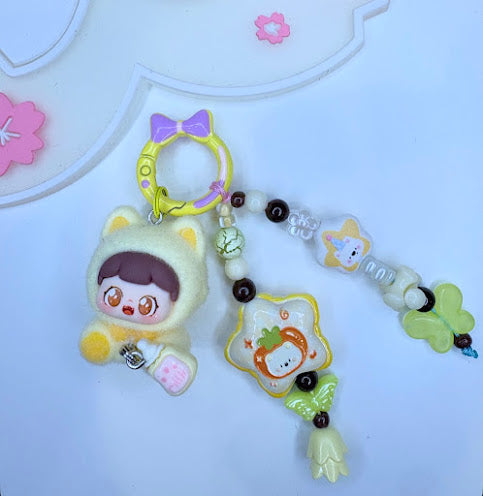 Ciondolo Kawaii Giallo Bambina con Orsetti - Charm Telefono Borsa Zaino Fatto a Mano