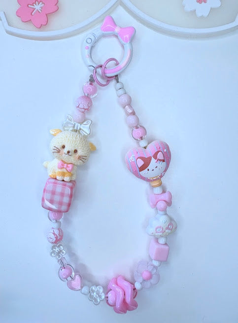 Ciondolo Kawaii Lungo Rosa con Gattino e Cuore - Charm Multiuso Fatto a Mano