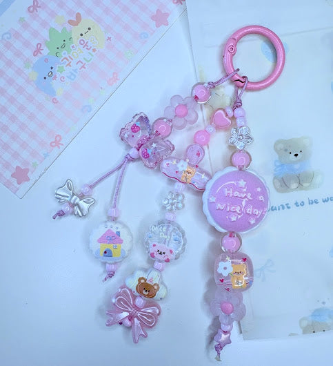Ciondolo Kawaii Lungo Rosa Lilla con Orsetto e Have a Nice Day - Charm Multiuso Fatto a Mano