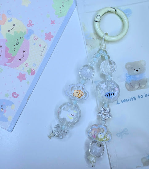 Ciondolo Kawaii Lungo Trasparente Cristallo con Coniglietto e Fiori - Charm Multiuso Fatto a Mano
