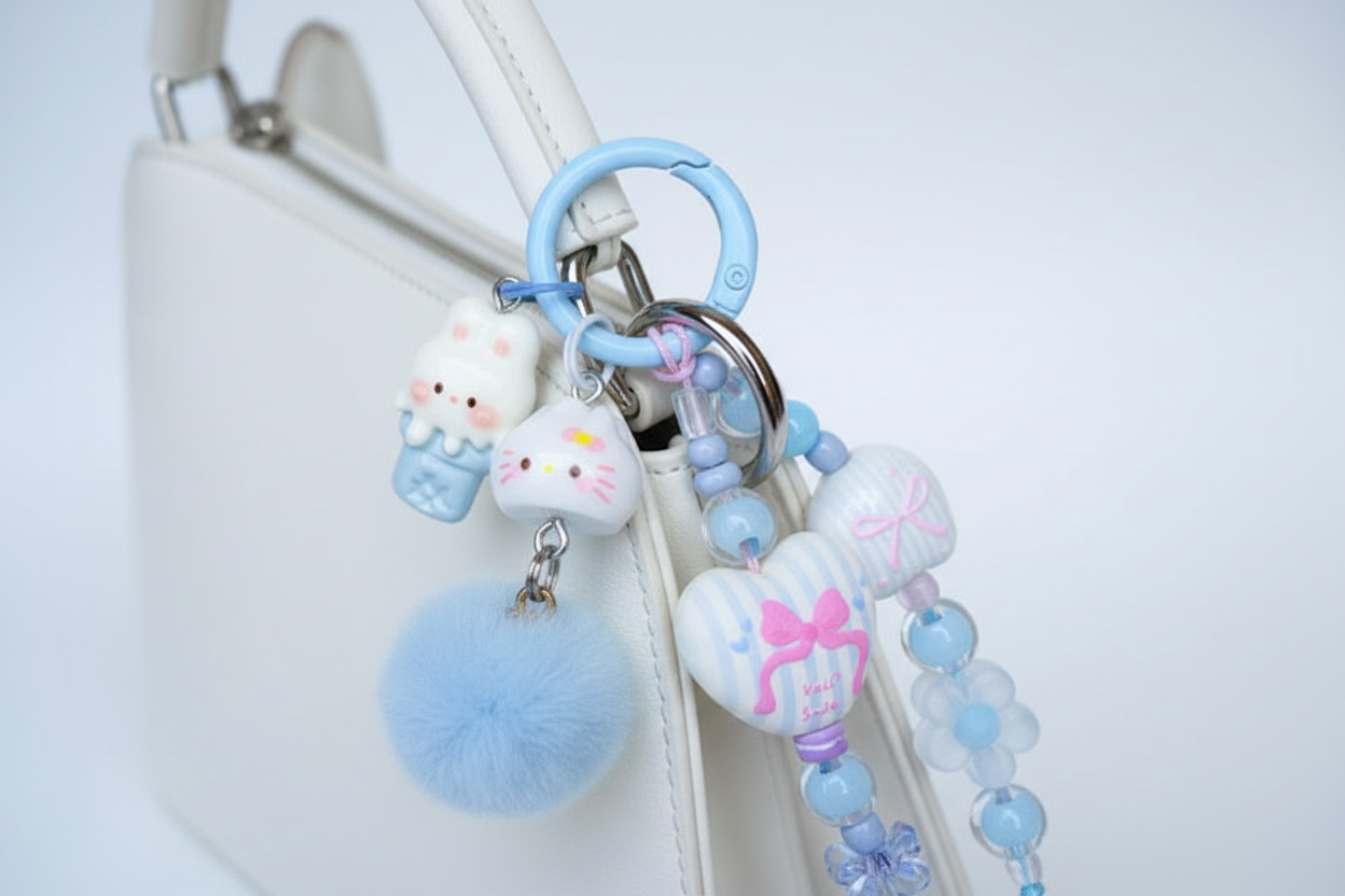 Ciondolo kawaii azzurro agganciato alla borsa