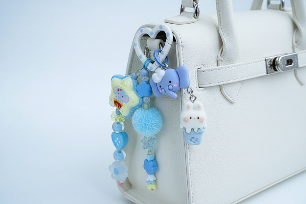 Ciondolo kawaii azzurro agganciato alla borsa