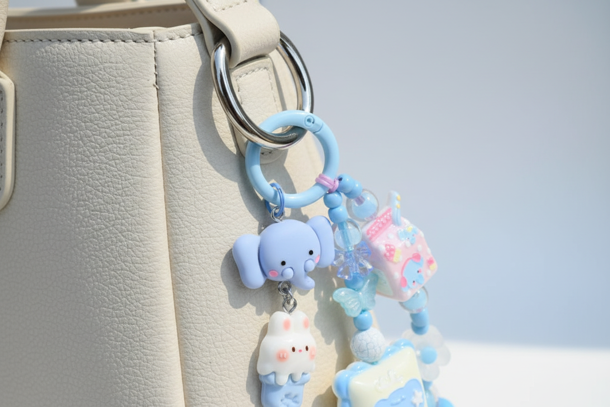 Ciondolo kawaii azzurro agganciato correttamente alla borsa