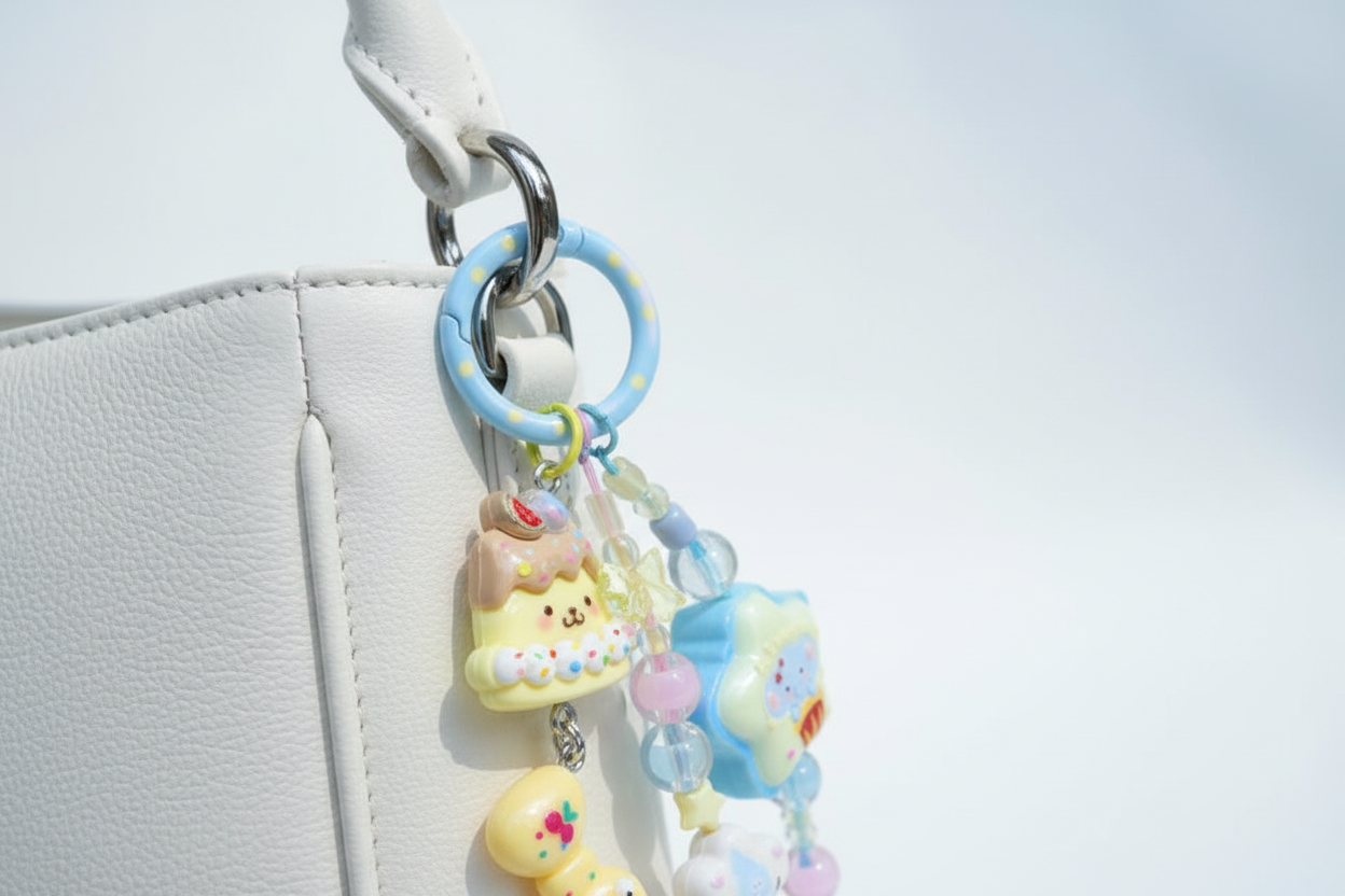 Ciondolo kawaii azzurro/pastello agganciato alla borsa