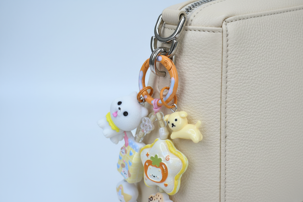 Ciondolo kawaii con anello arancione agganciato alla borsa