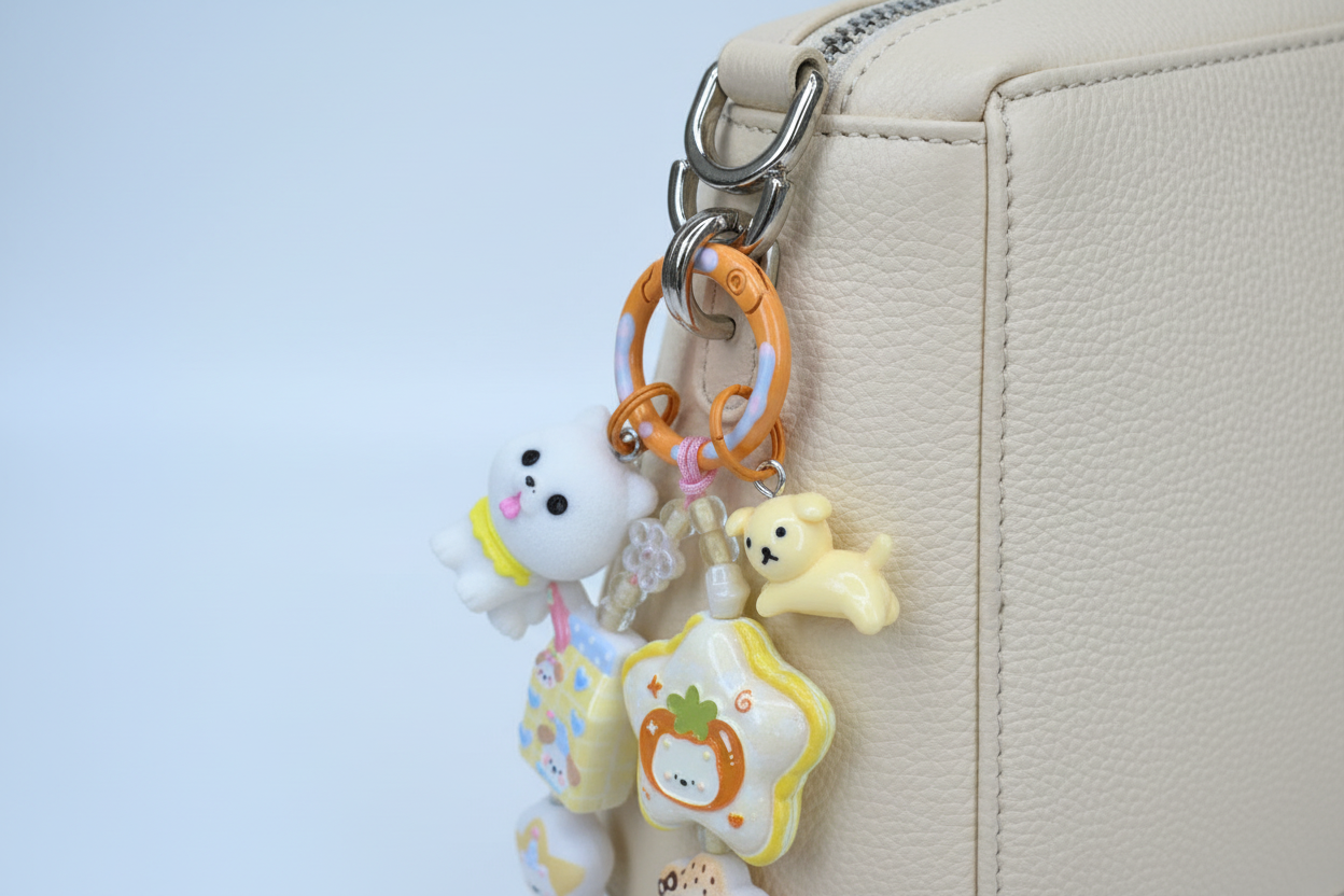 Ciondolo kawaii con anello arancione agganciato alla borsa