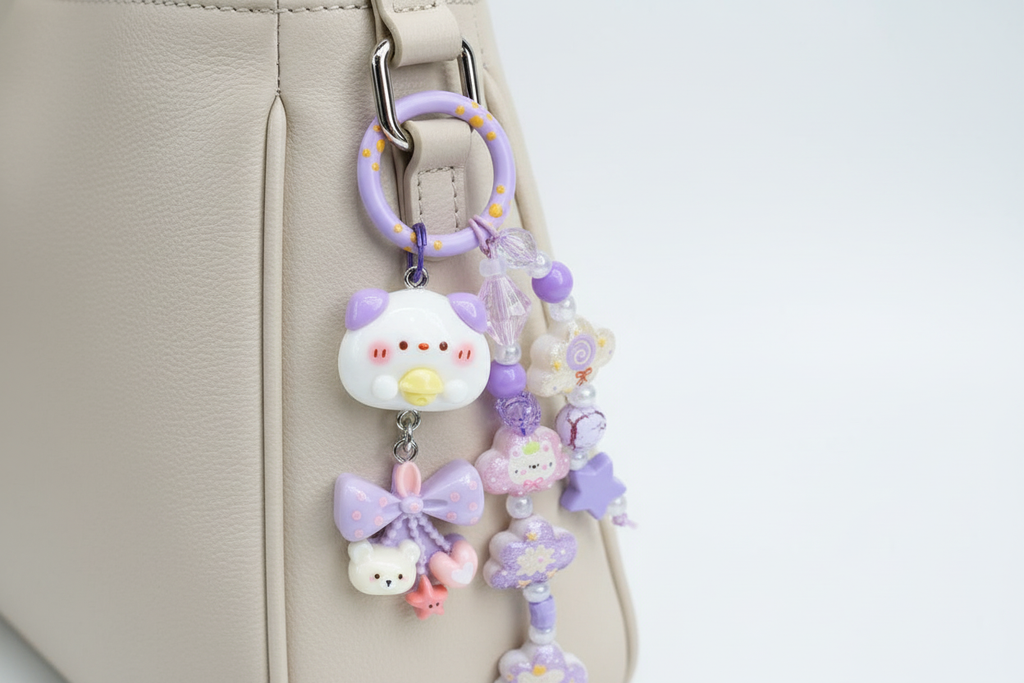 Ciondolo kawaii lilla agganciato alla borsa