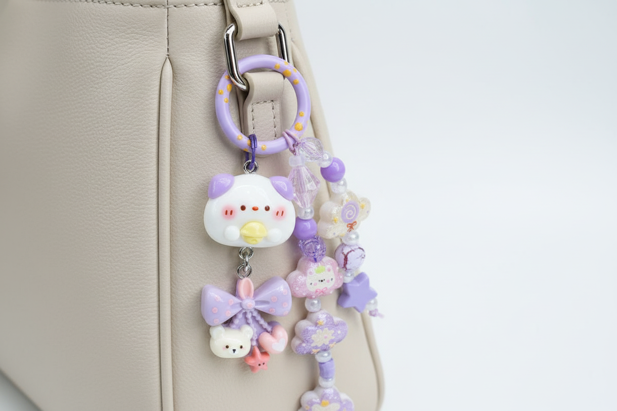 Ciondolo kawaii lilla agganciato alla borsa