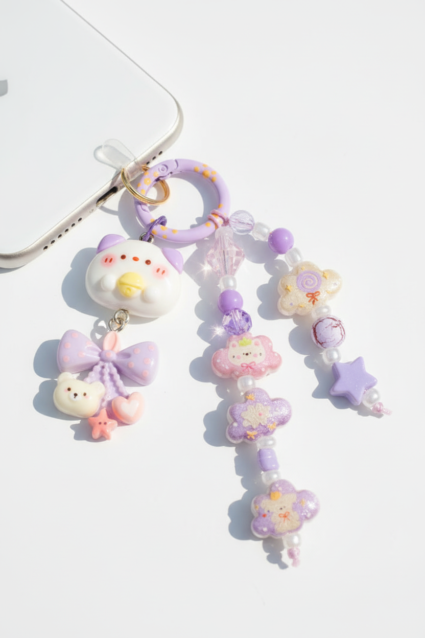 Ciondolo kawaii lilla attaccato al telefono dalla porta di ricarica