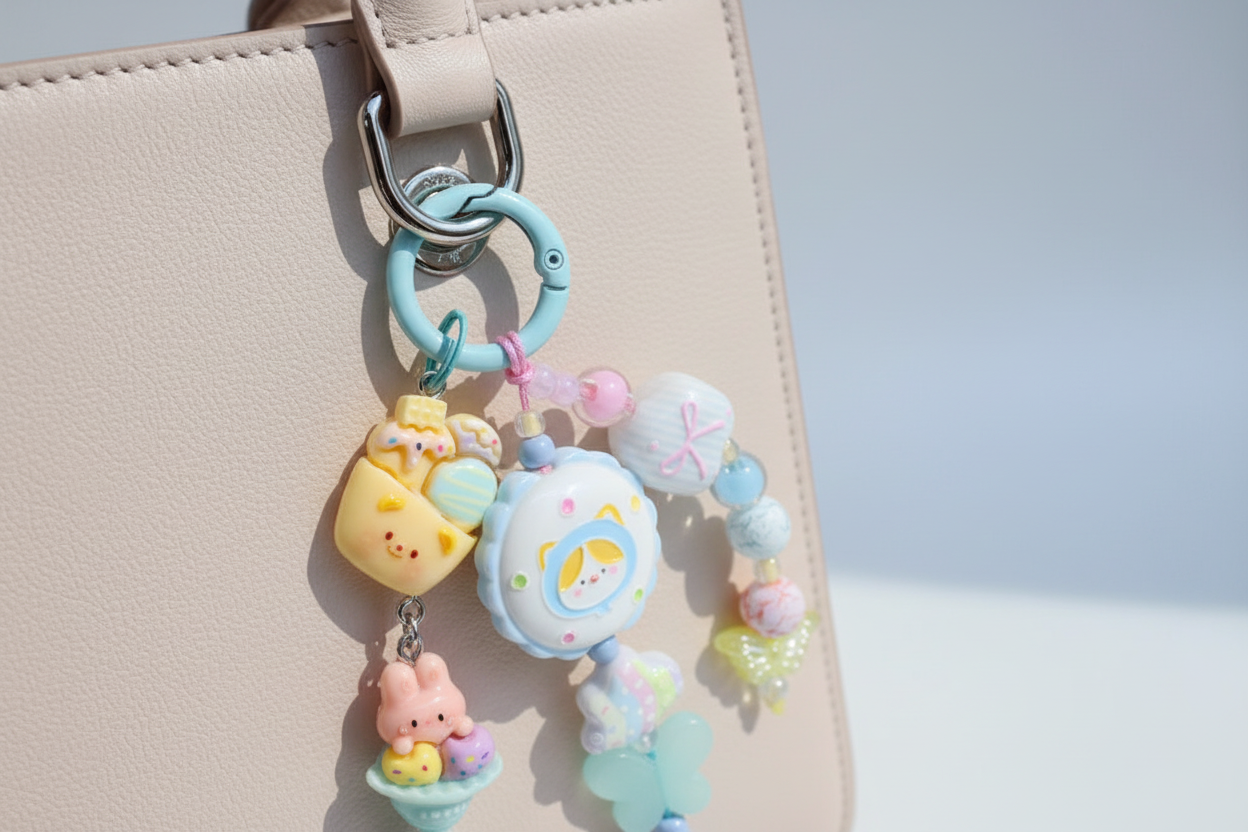 Ciondolo kawaii multicolore agganciato correttamente alla borsa
