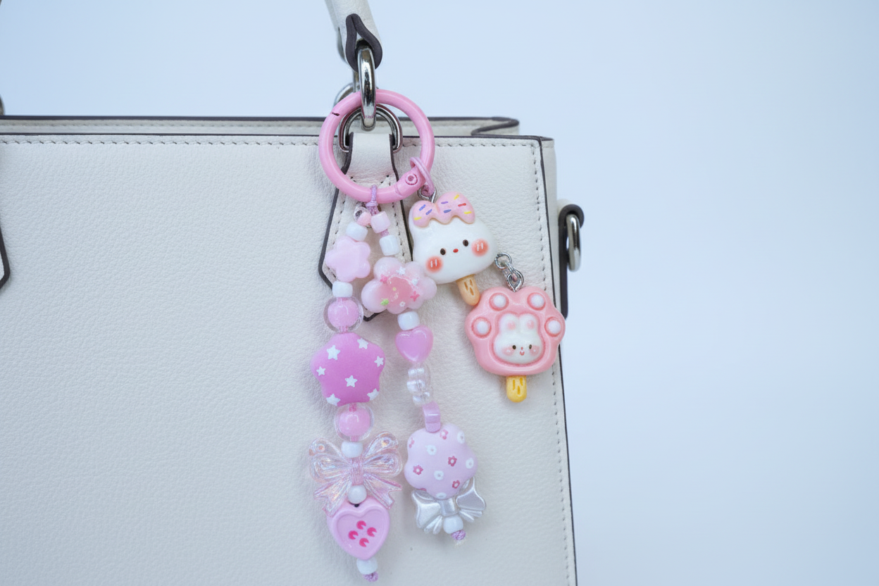 Ciondolo kawaii rosa agganciato alla borsa