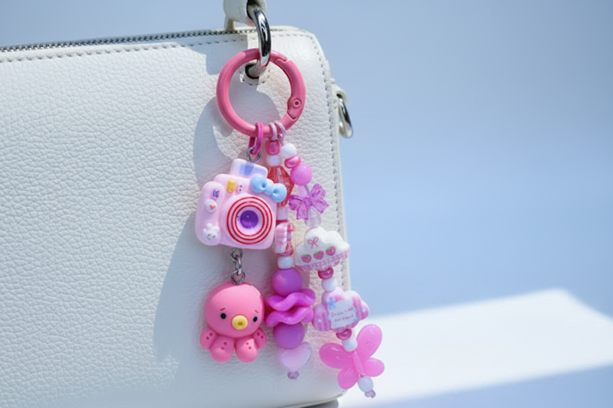 Ciondolo kawaii rosa agganciato alla borsa