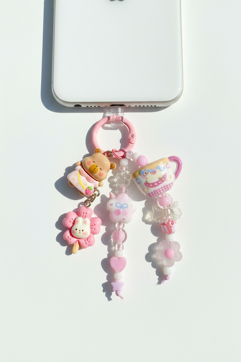 Ciondolo kawaii rosa attaccato al telefono