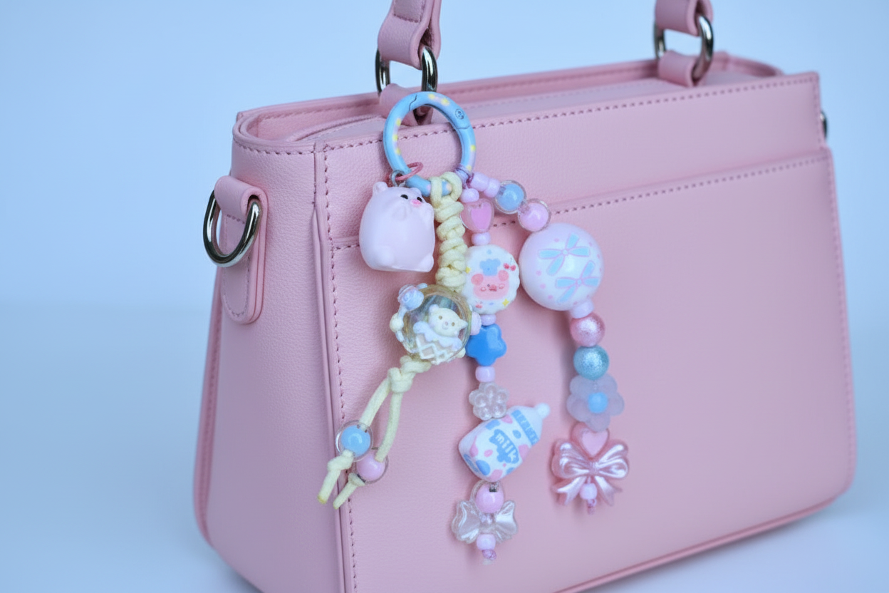 Ciondolo kawaii rosa azzurro agganciato alla borsa