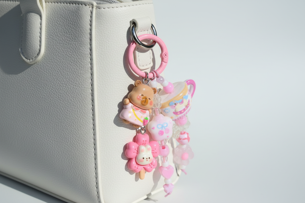 Ciondolo kawaii rosa identico agganciato correttamente alla borsa