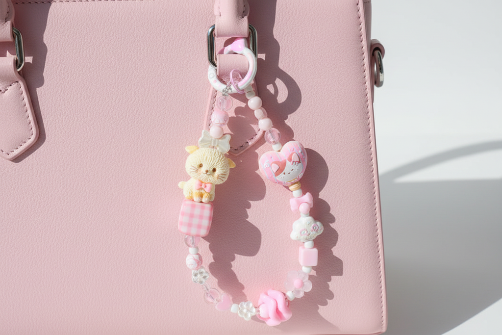 Ciondolo kawaii rosa luminoso con gattino agganciato alla borsa